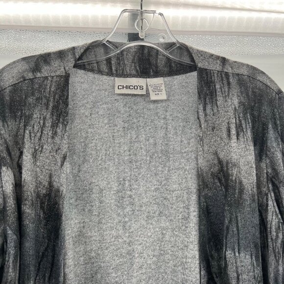 Chico's 3/4 Sleeve Gray Shimmer Open Cardigan Size Small Pockets - Picture 2 of 8